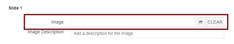 Slide 1 banner options screen. Shows the Image upload options emphasized with a garnet rectangle, with an empty filepath name field next to buttons for uploading a photo and clearing the selection. Below, the Description field shows placeholder text: Add a description for the image. 