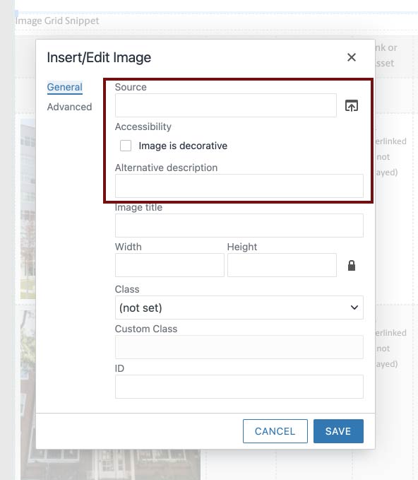 The Insert/Edit Image modal over an Image Grid Snippet. Empty fields for Source, Accessibility, and Alternative Description are emphasized with a garnet rectangle. The modal has two tabs, General and Advanced. General tab is selected and includes several options: Source text field and upload button, an unchecked Image is decorative box, Alternative Description text field, Image Title text field, Width and Height text fields with ratio lock icon, Class dropdown (not set), Custom Class text field, and ID text field. Cancel and Save buttons are at the bottom. 
