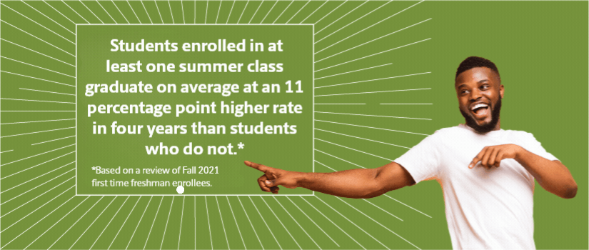 Man pointing at a rotation of quotes; "Students who enroll in at least one summer class graduate on average at an 11 percentage point higher rate in four years than students who do not enroll in a summer class. (Based on a review of Fall 2021 first time freshman enrollees.)"; "I loved my summer experience. My teachers were very helpful and informative. I also enjoyed the structure of my summer courses."; "It was good and it ended up working out with my schedule and being able to balance my school and work schedule, and social life."; "It was an intense 6 weeks, but it allowed me to see my potential. My professors were good and were transparent."