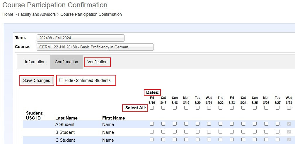 Course Participation Confirmation page highlighting Verification tab, Save Changes button, Hide Confirmed Students checkbox, a Select All Dates checkboxes