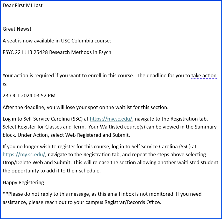 Screenshot of sample notification email sent to a student notifying them of an available waitlist seat