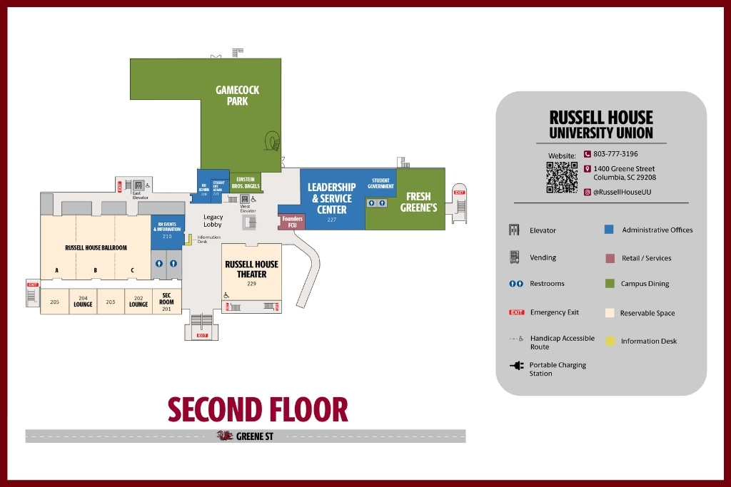 Second floor RHUU map showing meeting rooms, ballroom, Gamecock Park, LSC, Fresh Greene's Einstein Bros., RH admin, Russell House theater, and Founders FCU with Garnet border. 