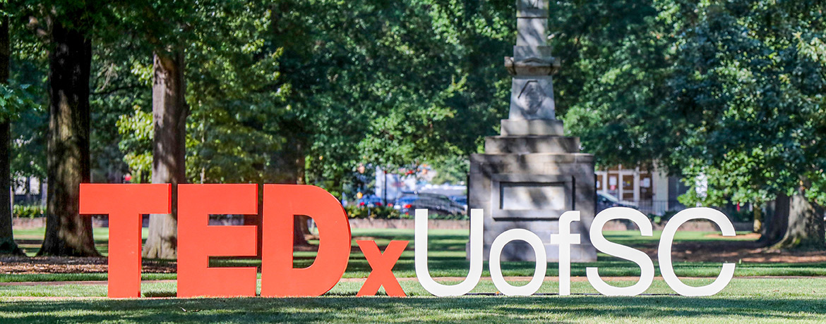 TedxUofSC large letters sitting on the bricks of the historic horseshoe.