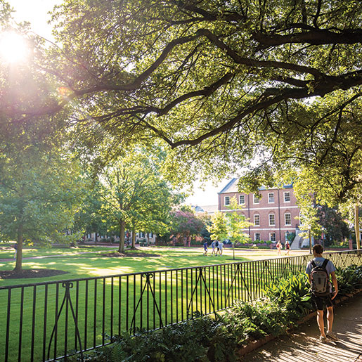 Student wearing a back pack looking over the the wrought iron fence onto the lush green space of the Historic Horseshoe. 