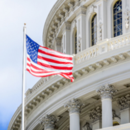 U.S. Capitol building with an American flag in the foreground.