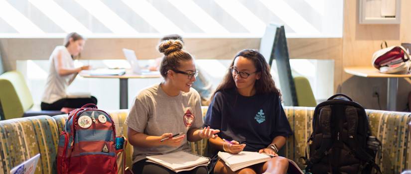 two students talking on a sofa with books