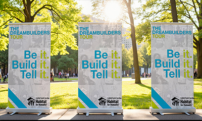 pop up signs that read Be Build Tell