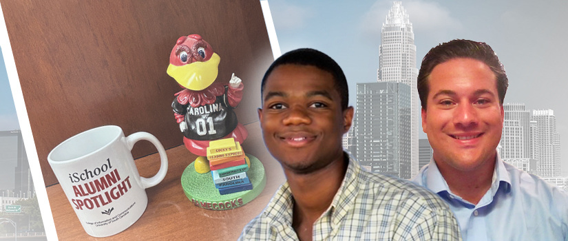 Charlotte skyline with inset photos of two students - levine and catan