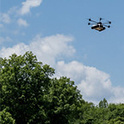 drone flies over trees