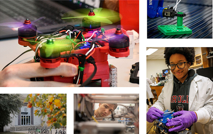 Photo collage: upper left corner-mini drone with hand holding it; upper right corner- robotic arm playing two items together;  bottom left - front of Swearingen Engineering Center with colorful fall leaves in the front; bottom middle - student looking through hood vent; bottom right - student in lab with research equipment in hands.