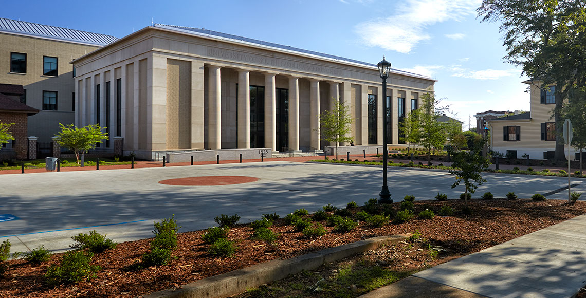 Daylight shot of the School of Law's main entrance on Senate Street.