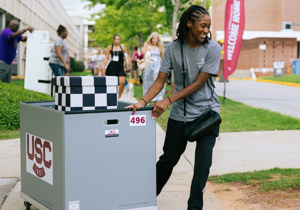 student in gray shirt pulling gray box of belongings on sidewalk during move-in