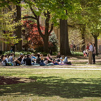 A group of students sits on the Horseshoe as part of a class held outside