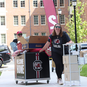 woman in black t-shirt and sunglasses pulls a cart full of belongings on it through a courtyard