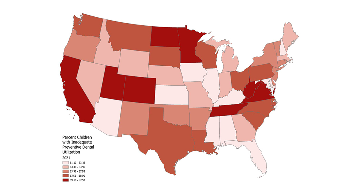 Map of the United States with colors indicating the percentage of children with inadequate preventive dental utilization in 2021. The map legend shows colors from light pink to dark red, representing a range from 81.12 to 97.5 percent.